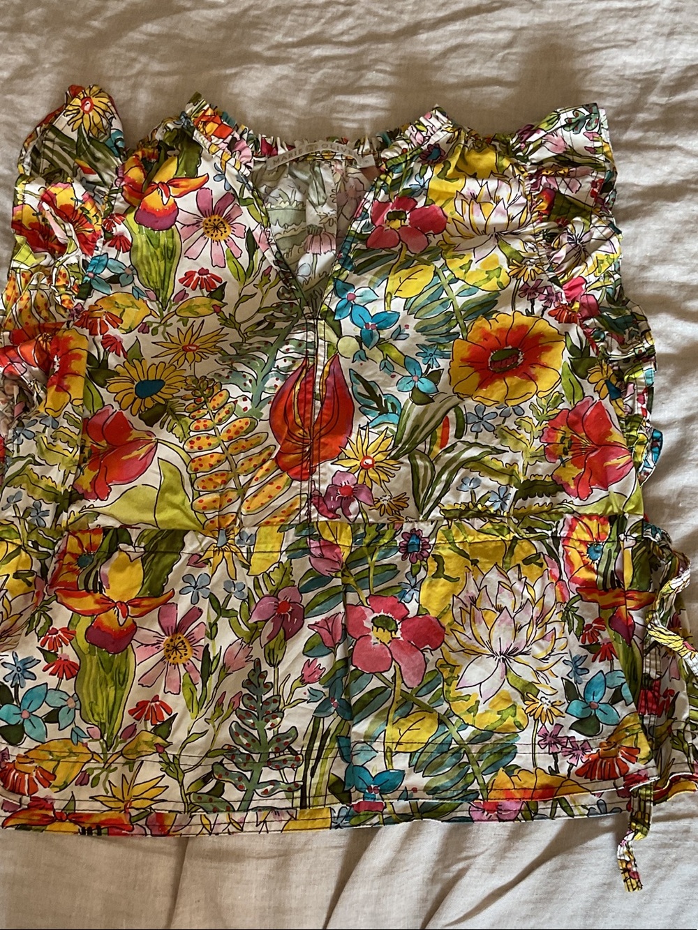 Marie Oliver Floral Ruffle Sleeve Top - White, Yellow, Red, Green, Blue